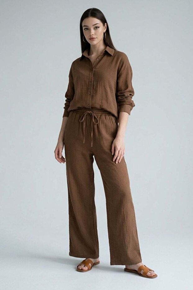 Bitter Brown Long Sleeve 100% Cotton Muslim Shirt Suit Sh365