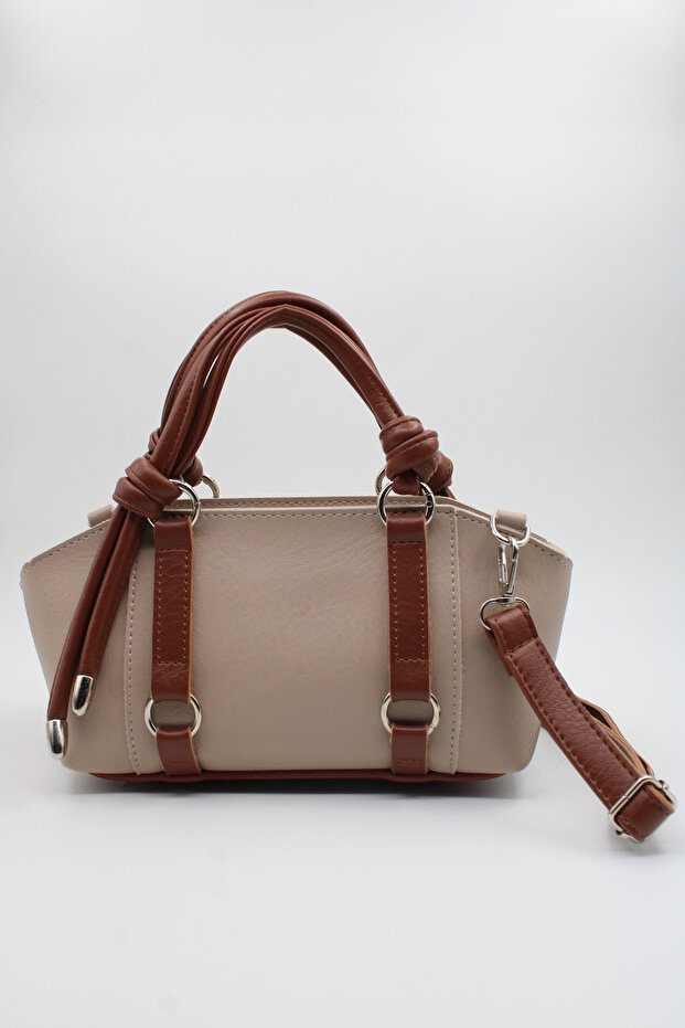 Women's Beige Tan Knot Handle, Ring Detail, Inner Pocket, Zippered Hand, Arm and Shoulder Bag