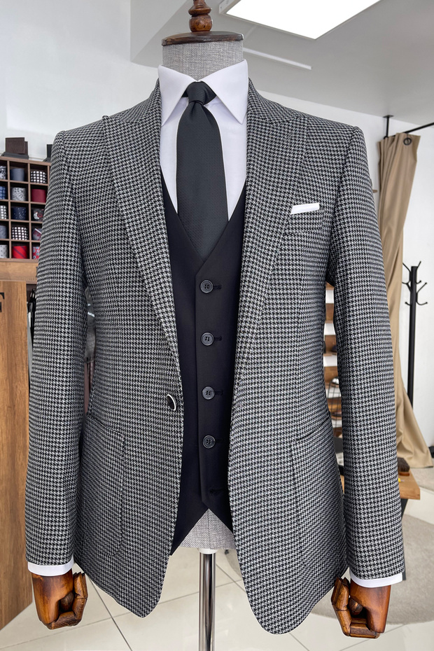 Slim Fit Houndstooth Pointed Collar Pocket Pocket Black Wool Coat