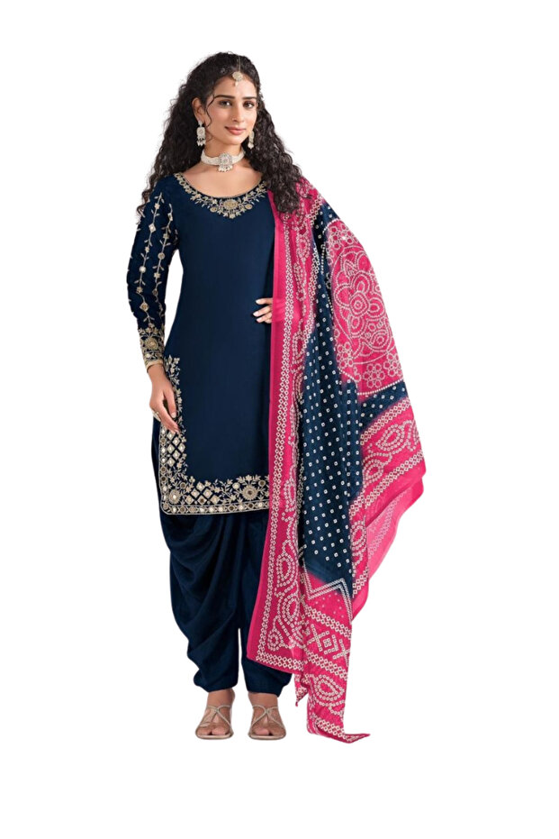 Blue Chanderi Salwar Kameez & Dupatta - HRT6235 - Blue-Size:M-38-Inches