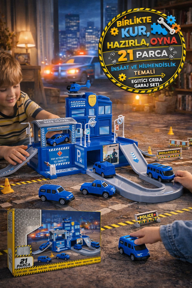Police Garage Toy Set 21 Pieces with Helicopter, Ramp System and Installable Educational Car Parking Game