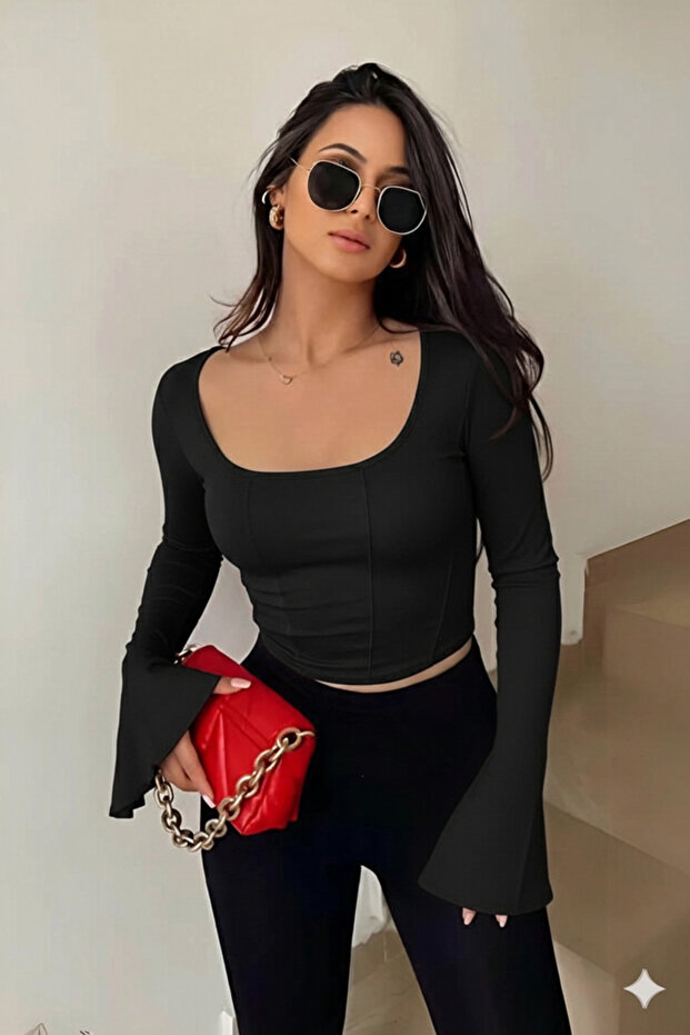 Kadın Siyah Ispanyol Kol Basic Crop Top