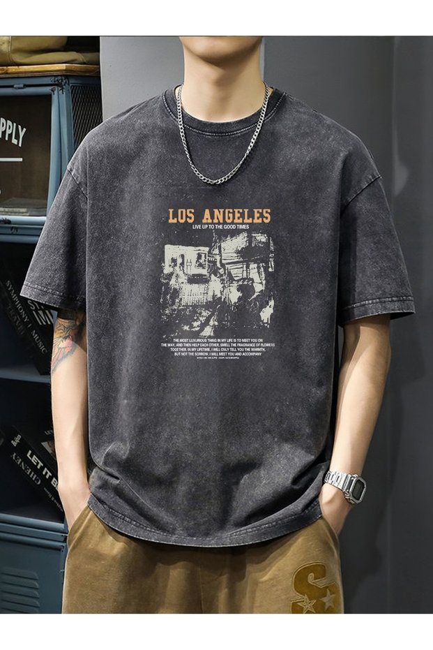 Los Angeles Printed Black T-Shirt 100% Cotton Vintage Streetwear Oversize Graphic Tee Unisex