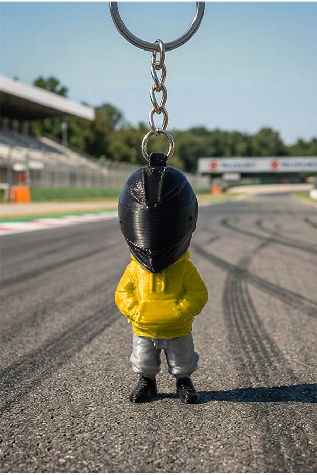 Street Style Biker Keychain with Yellow Sweatshirt and Helmet Character Decorative Bag and Key Ornament