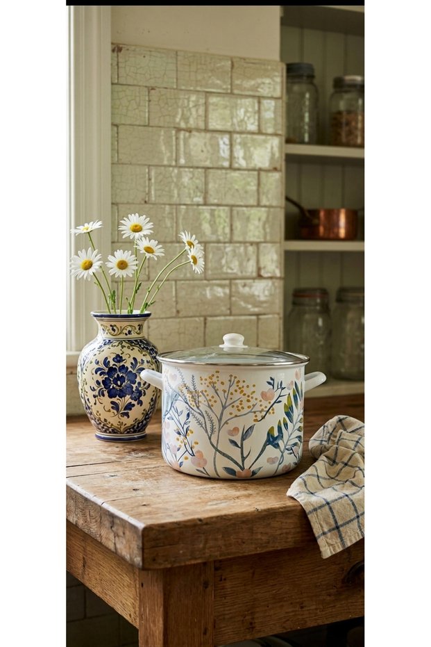 Emaye Evi̇m 30 cm 12 Liter Flower Large Size Enameled Pot for Canned Jam and Ashura Sauce