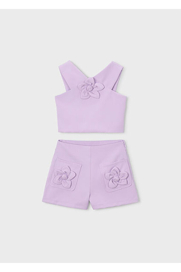 Girl's Floral Patterned Shorts Set 4-8 Years Purple
