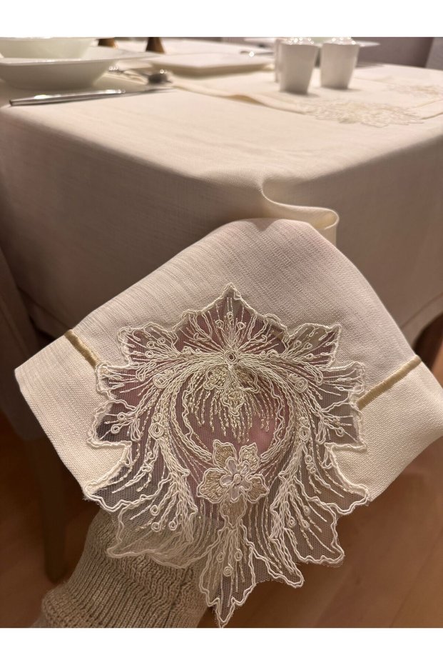 French Lace Detailed Piko Wrap Embroidered Seamless Living Room Tablecloth Cream