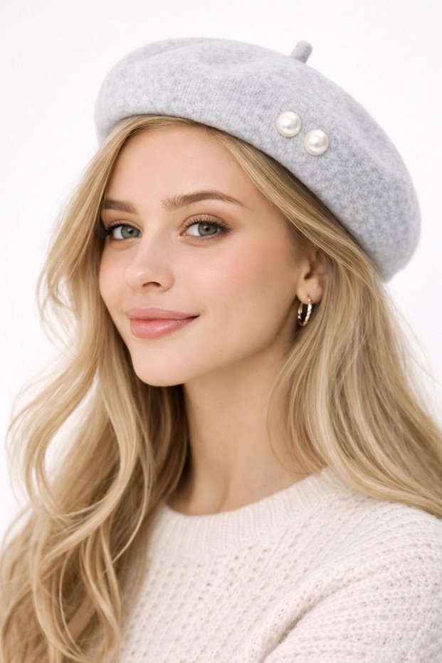 Women's Pearl Detailed Painter Hat Soft Textured French Beret Stylish Winter Hat Gray