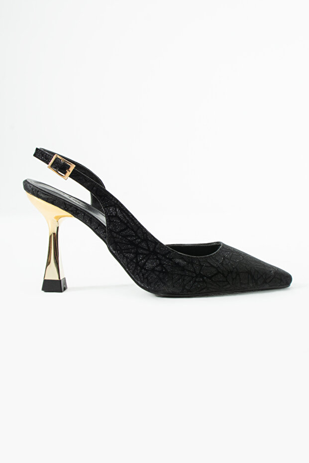 Aura Black Patterned Open Back Evening Dress Heeled Shoes