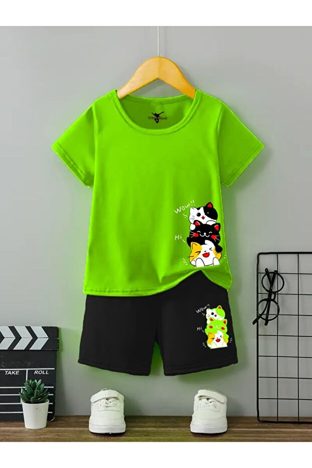 Wow Hi Cat Printed Children's Green Black Summer Shorts Top and Bottom Set Cotton