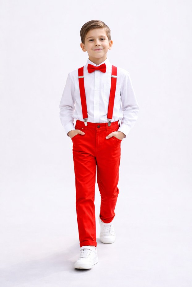 23 April Boy's Combination Red Pants Shirt Suspender Bow Tie Suit