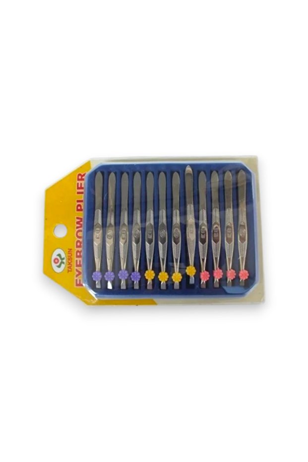 Stainless Steel Colored Eyebrow Tweezers with Flower Detail - (12 Pieces)