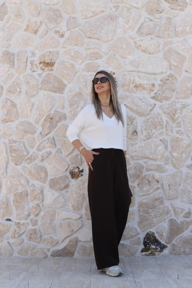 Coffee gabardine elastic waist trousers