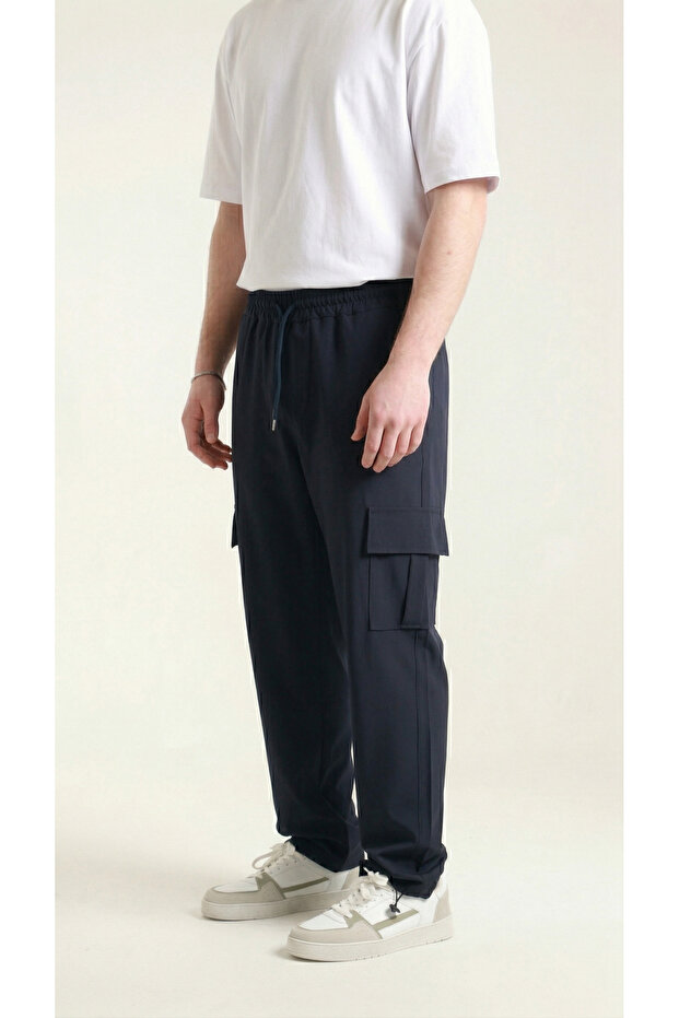Men's Navy Blue Thin Parachute Fabric Sweatpants with Cargo Pockets and Clip-On Legs, Comfortable Fit