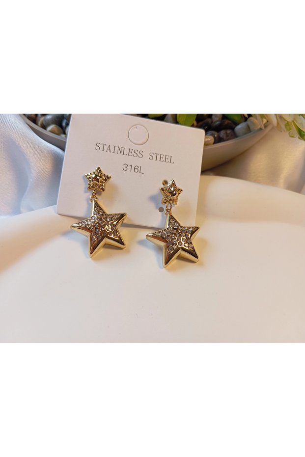 316L Stainless Steel Gold Color Zircon Stone Double Star Earrings