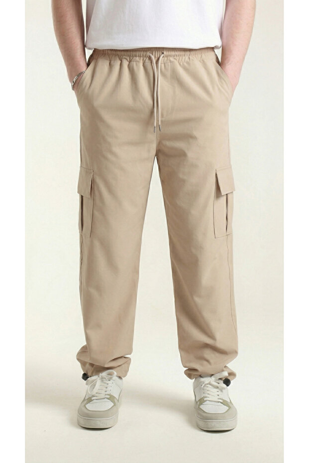 Men's Beige Thin Parachute Fabric Sweatpants with Cargo Pockets and Clip-On Cuffs, Comfortable Fit