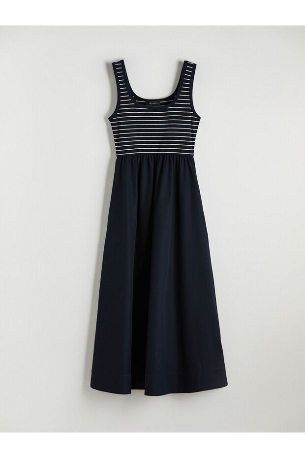 Lcw Vision Navy Blue Square Neck Striped Ruched Waist-Fitted Dress
