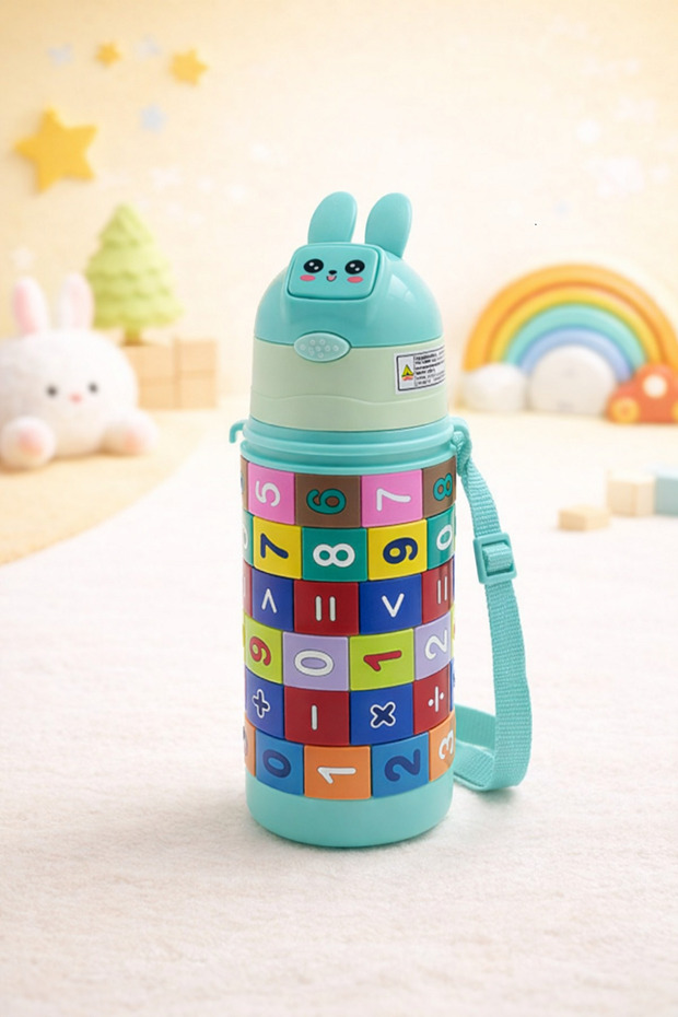 Cute Rabbit Design Children's Thermos Bottle with Straw and Strap Educational Toy Bottle Bpa Free