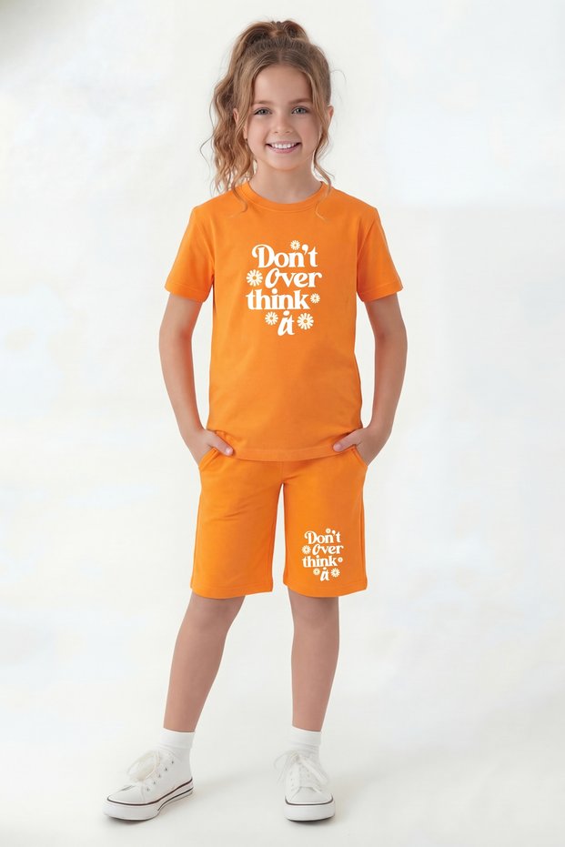 Round Neck T-Shirt and Colorful Capri Pants with Print Detail Summer Girls' Top and Bottom Set