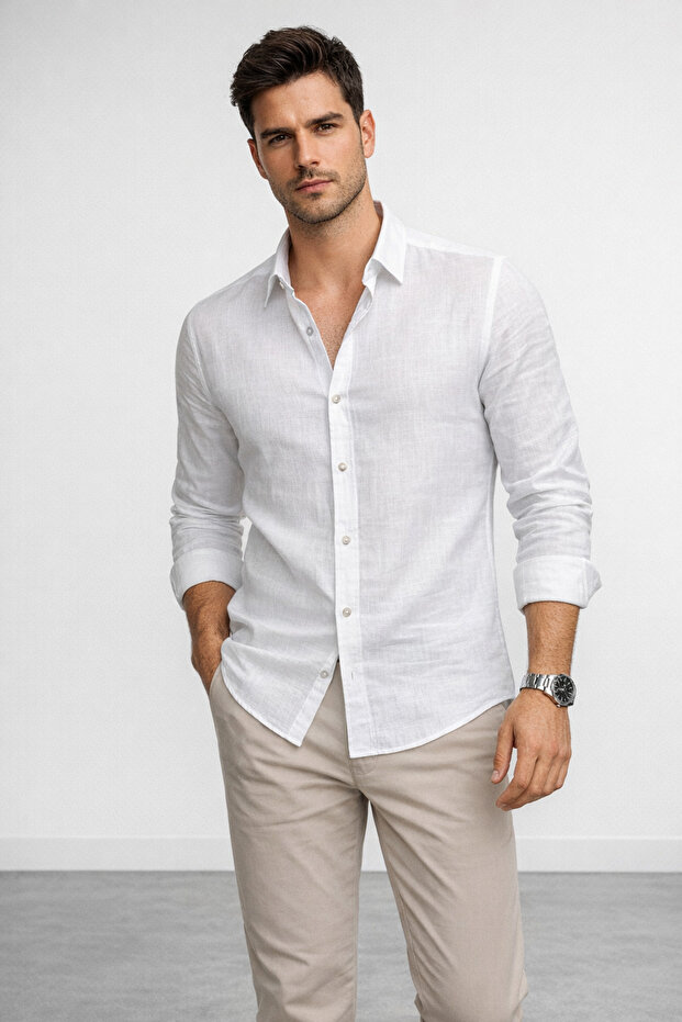 Men's White Regular Fit Linen-Look Summer Shirt – Lightweight Breathable Fabric