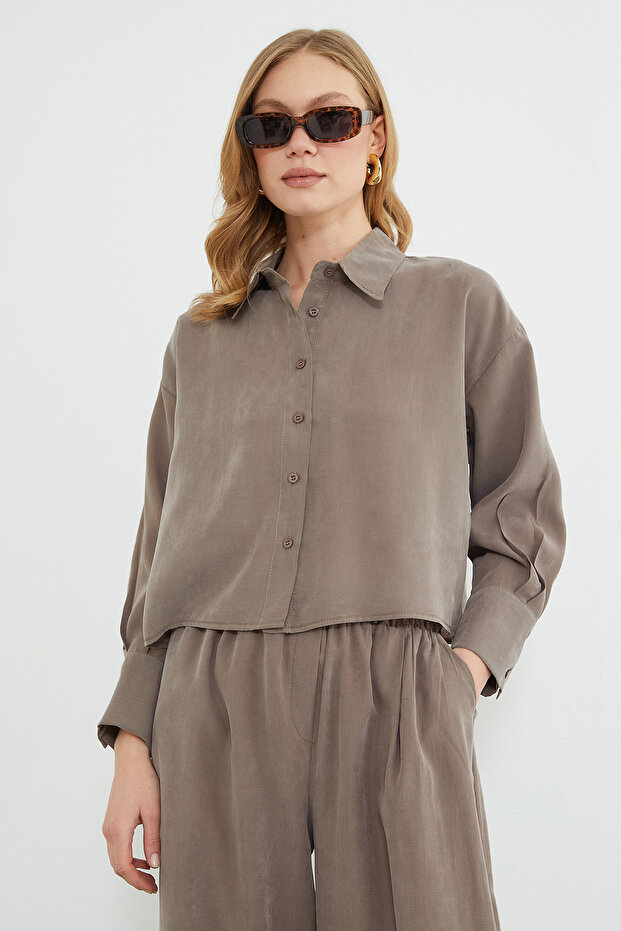 Basic Düğmeli Salaş Crop Gömlek - 1