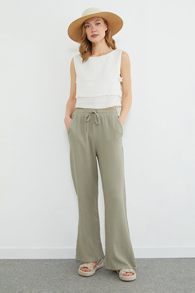 Beli Lace-Up Pocketed Muslin Fabric Trousers