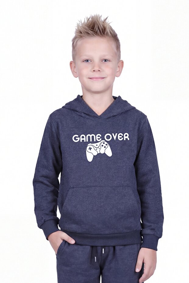 Hooded Print Detailed Boys' Sweatshirt with Kangaroo Pocket
