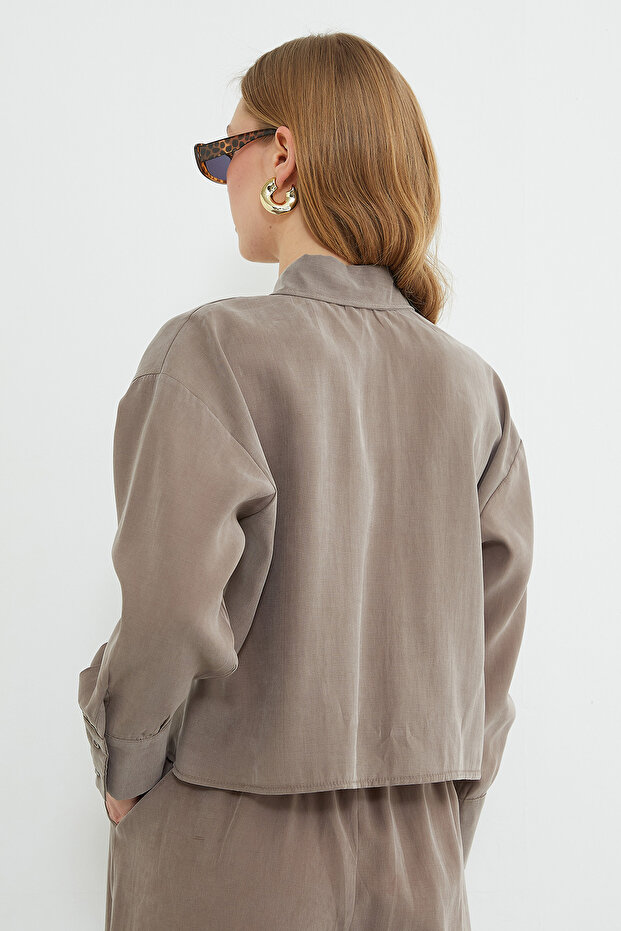 Basic Düğmeli Salaş Crop Gömlek - 8