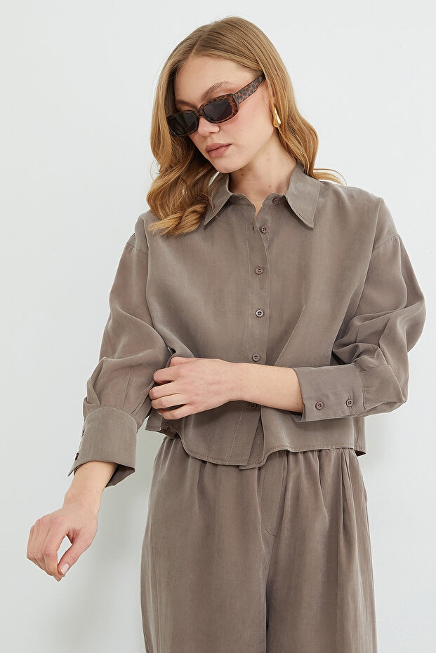 Basic Düğmeli Salaş Crop Gömlek - 3