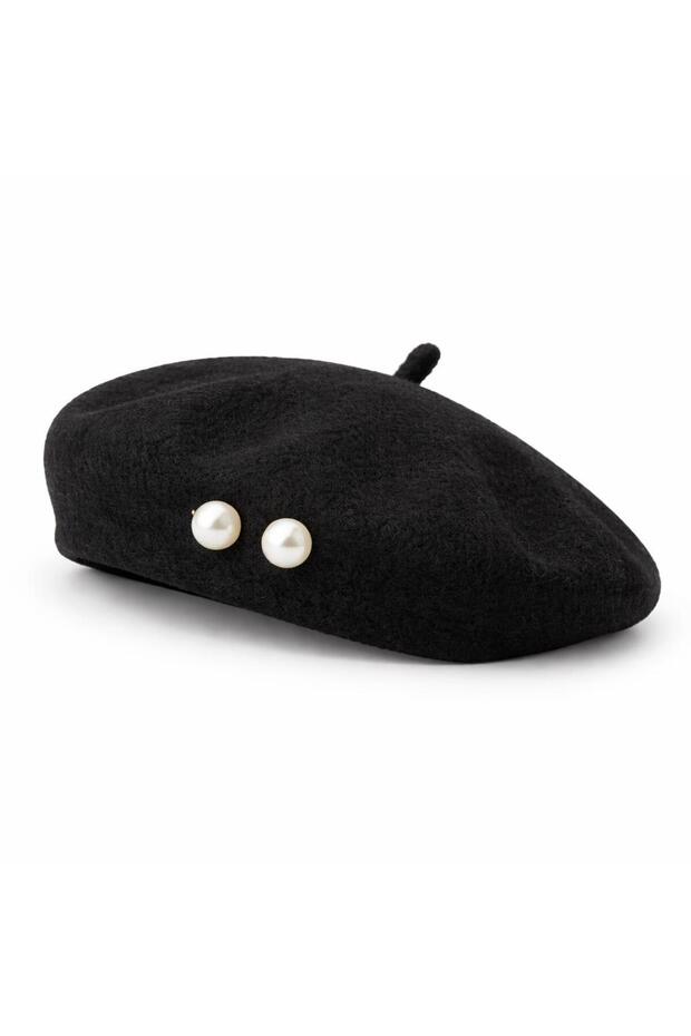 Women's Pearl Detailed Painter Hat Soft Textured French Beret Stylish Winter Hat Black