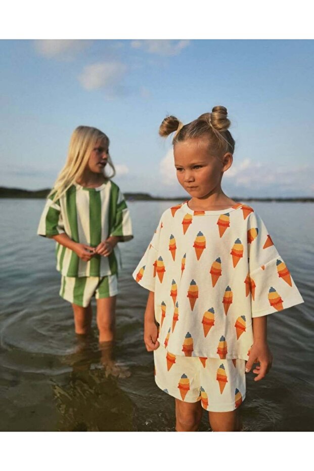 Girl's Ice Cream Patterned T-Shirt Shorts Set Summer Cotton Comfortable Fit Top and Bottom Combination