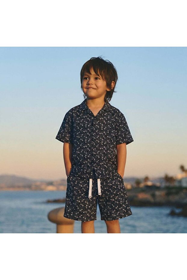 Boy's Patterned Shirt Shorts Set Summer Cotton Comfortable Fit Top and Bottom Combination