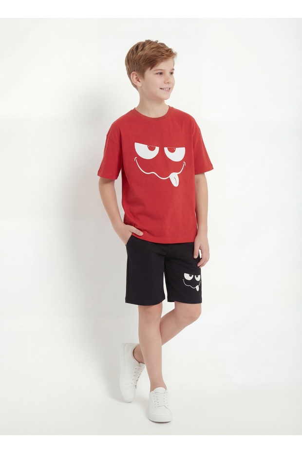 Cute Emoji Print Detailed Capri Round Neck Summer Boys' Top and Bottom Set