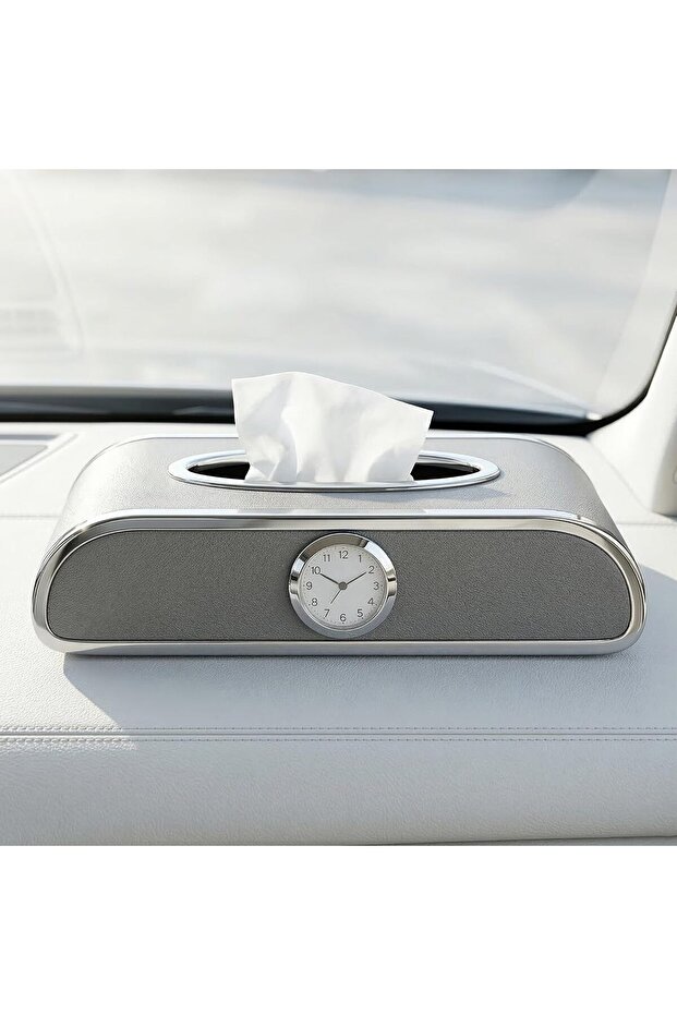 Car Tissue Box Holder with Clock – PU Leather Dashboard Tissue Dispenser, Napkin Holder Organizer