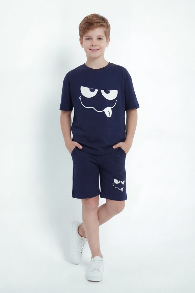 Cute Emoji Print Detailed Capri Round Neck Summer Boys' Top and Bottom Set