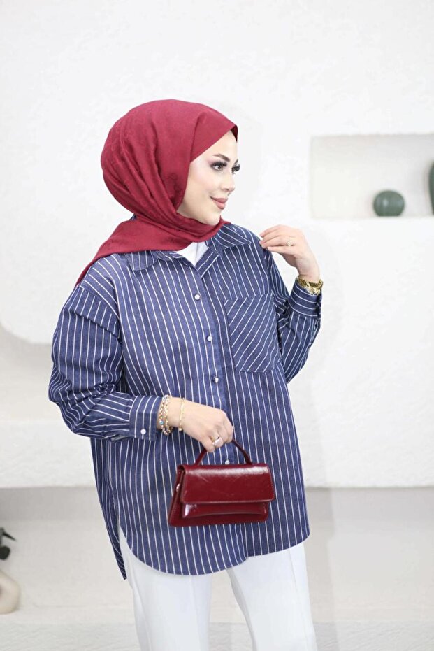 6433 - Stylish Comfortable Striped Gabardine Slim Denim Women's Shirt