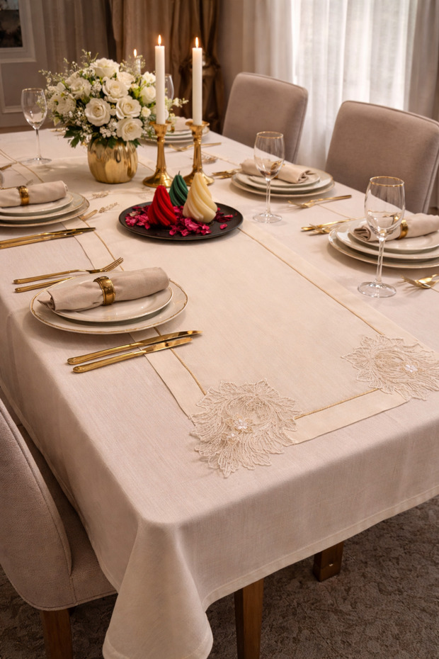 Piko Sarma Detailed 4 Corner Lace Runner 40 X 160 Cream