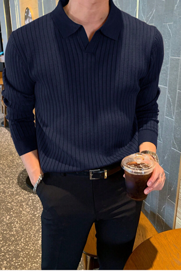 Men's Polo Neck Knit Sweater Slim Fit Ribbed
