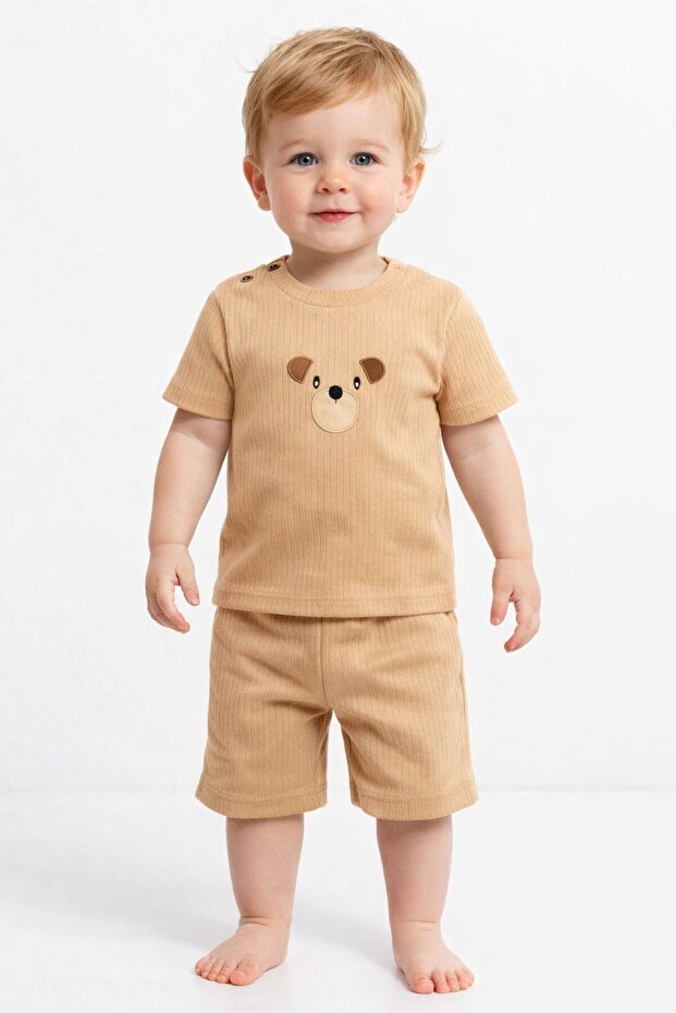 Baby Boy Style Ribbed Teddy Bear Printed Shorts Set Summer 2-Piece Set