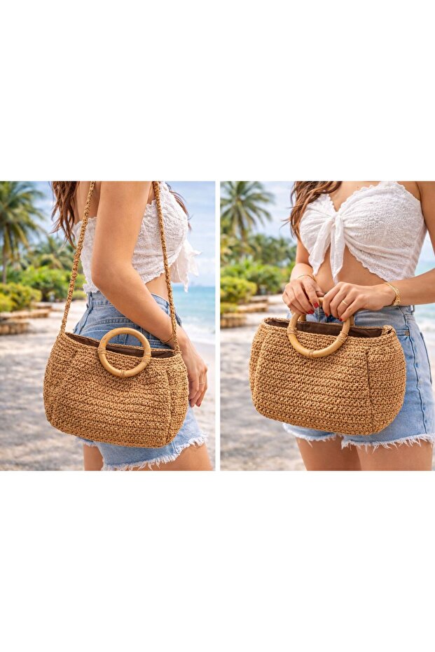 Bohemian Wicker Knitted Shoulder and Hand Bag - with Wooden Ring Handle