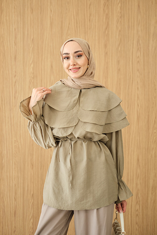 Women's Wide Collar Waist-Tie Tunic Khaki Green