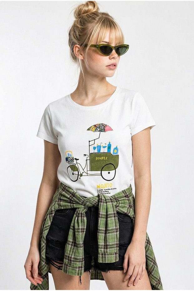 Women's White 100% Cotton Handcrafted Embroidered Bicycle Printed Premium Design T-Shirt 1002 60282047