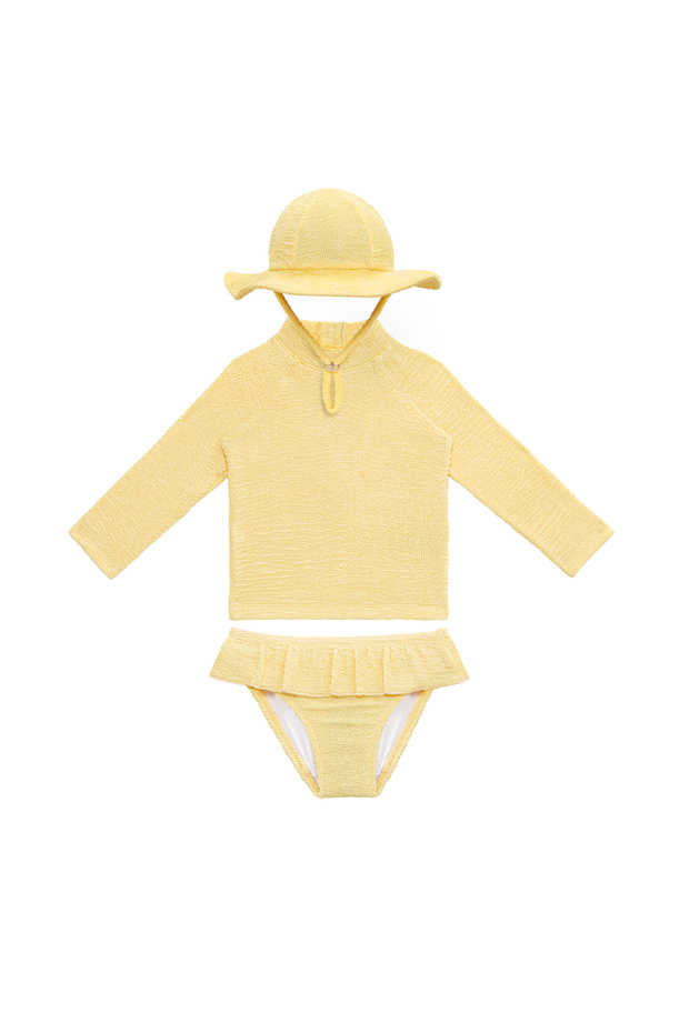 Uv Protection Long Sleeve Textured Hat Baby Girl Swimsuit Set