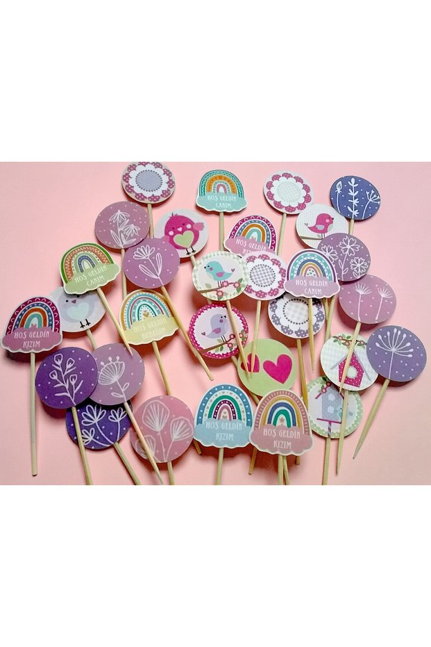 30-Piece Baby Girl Themed Cardboard Cupcake and Cake Picks Baby Shower Birth Gift Decoration 3X9 cm