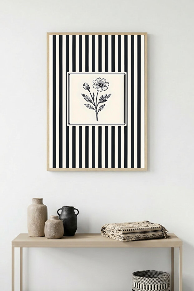 Natural Wood Framed Flower Patterned Painting - Black and White | Huhu1344 - Single Table Natural Wood Frame