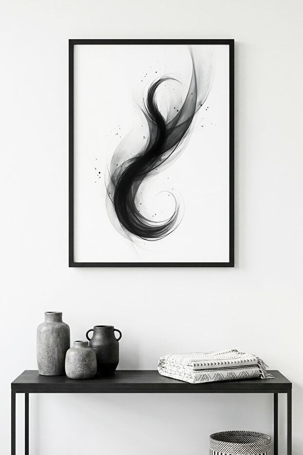 Natural Wood Framed Abstract Black Patterned Painting - Minimal | Huhu1203