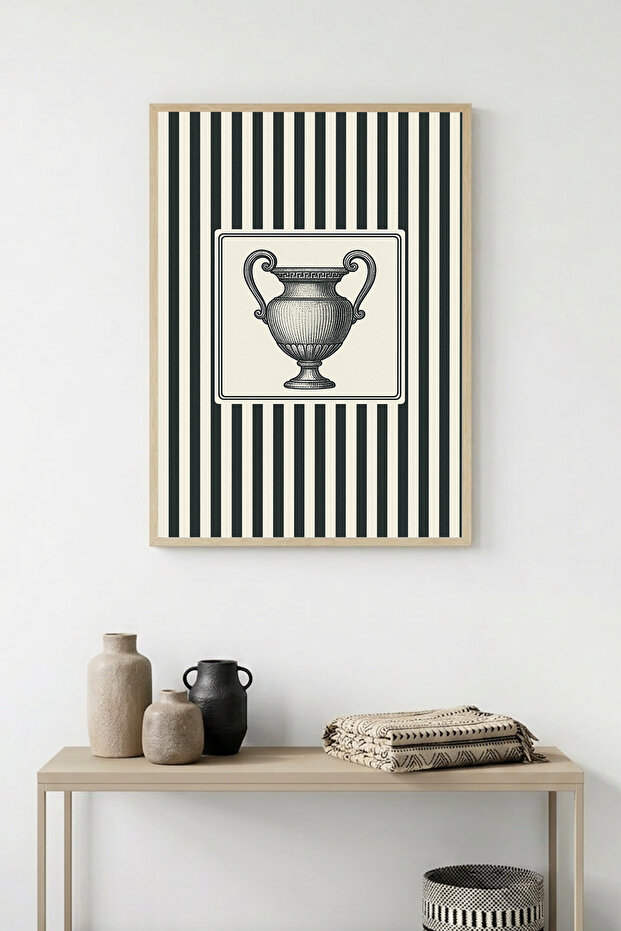 Natural Wood Framed Striped Painting - Decorative Vase | Huhu1346 - Single Table Natural Wood Frame