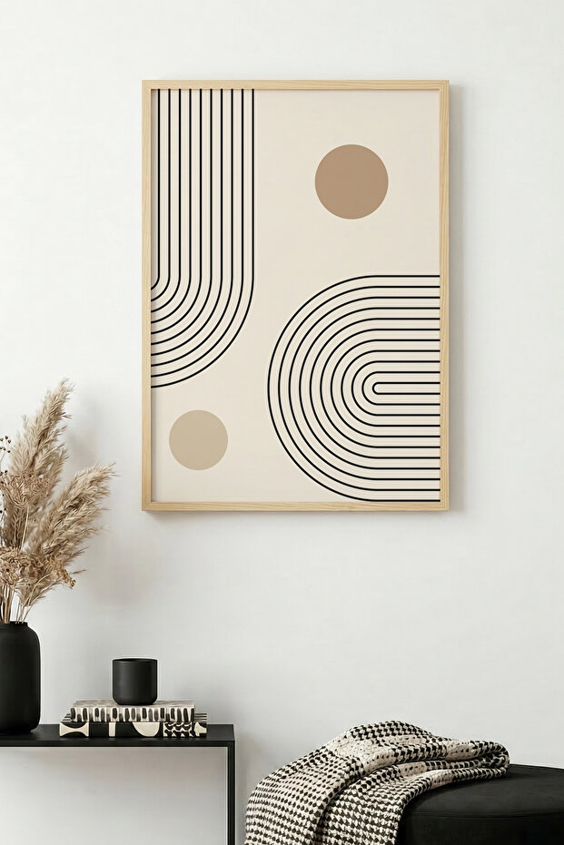 Natural Wood Framed Geometric Patterned Painting - Minimal | Huhu1134