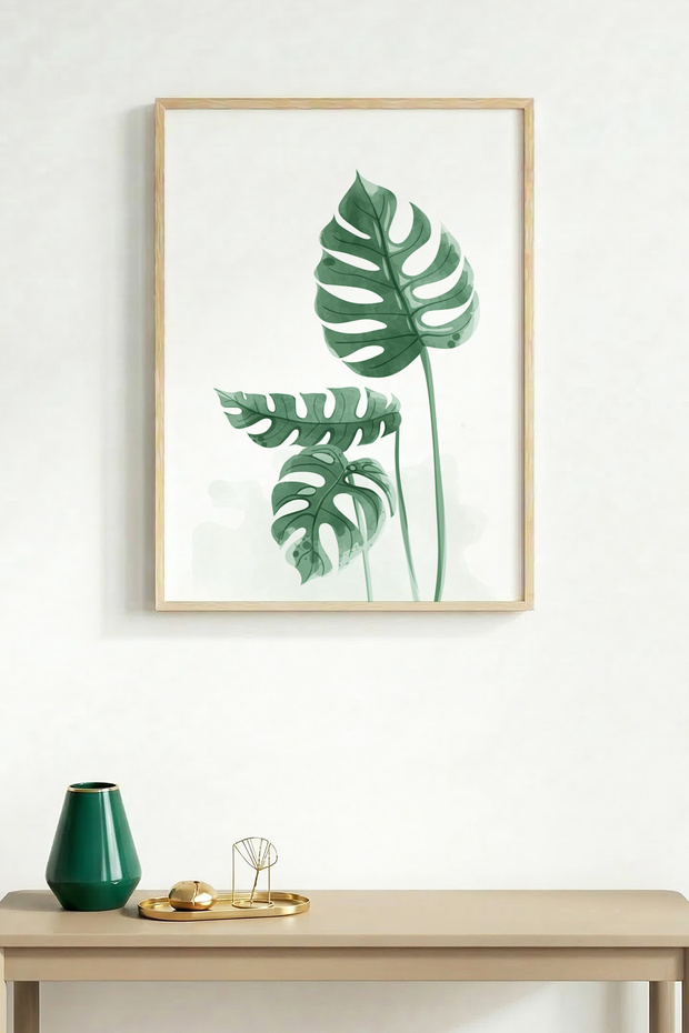 Natural Wood Framed Leaf Patterned Painting - Green Tones |   Huhu1638