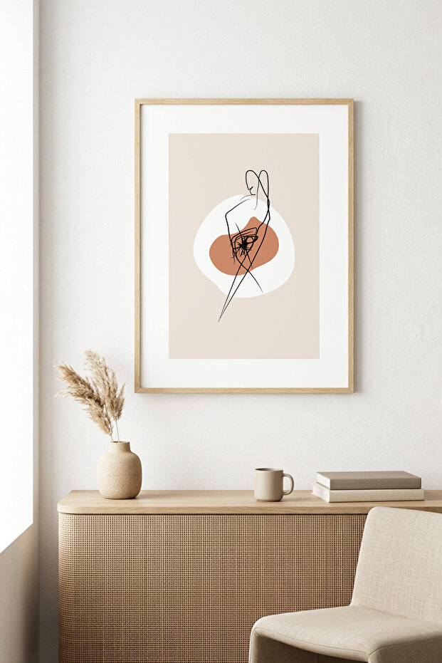 Natural Wood Framed Minimalist Drawing Painting - Abstract | Huhu1270 - Single Table Natural Wood Frame